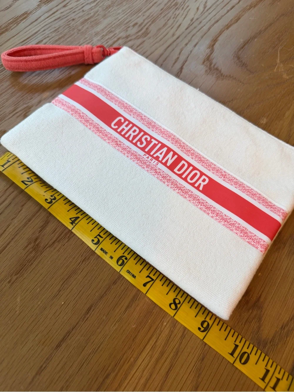 Red Dior White Terry Cotton Pouch with Coral Stripe